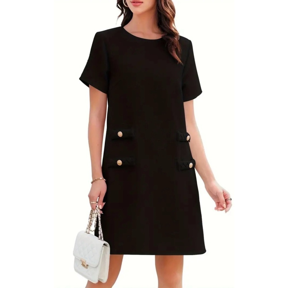 LAST 1! Tweed Black Fully Lined Hidden Zip Faux Pocket Gold Lion Buttons Dress! - Picture 2 of 7